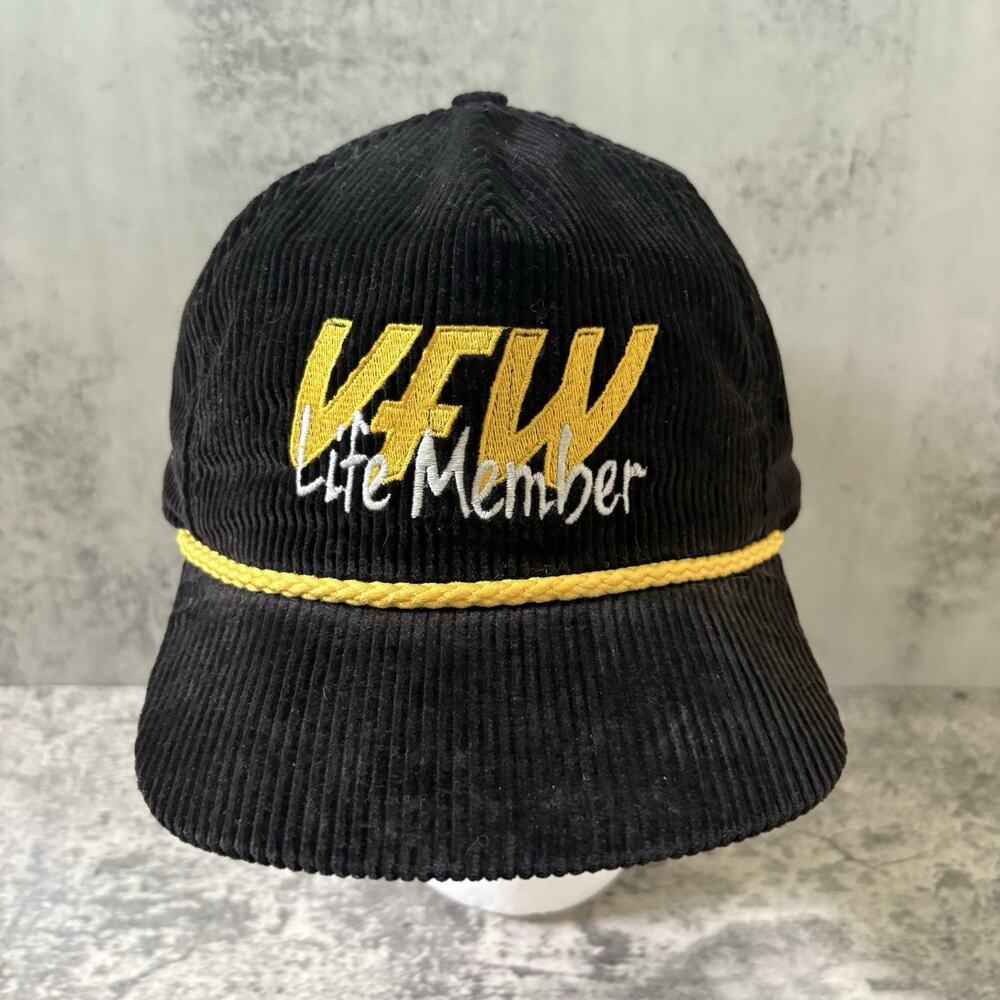 VTG VFW Lifetime Member Hat Black Corduroy Yellow Rope Adjustable Cap